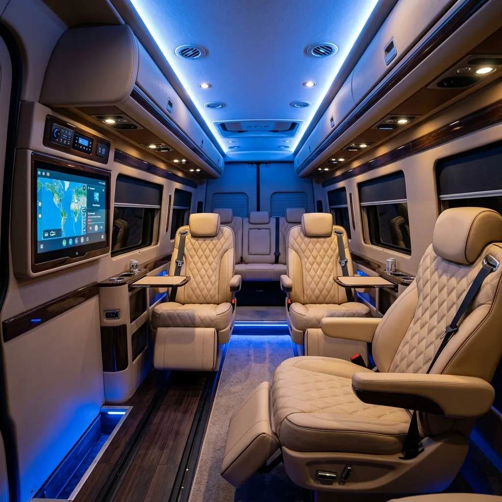 Meticulously cleaned luxury passenger van cabin interior